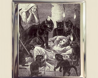 Zwarte kat aanval sigarettenkoker visitekaartje ID houder portemonnee Vintage illustratie Goth Dark Art Storybook