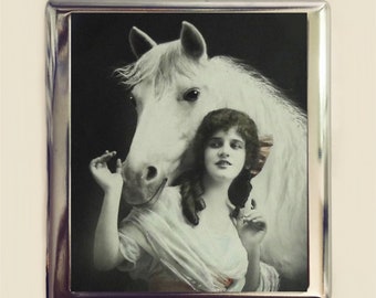 Art Nouveau Horse Woman Cigarette Case Business Card ID Holder Wallet Art Deco Equestrian White Horses