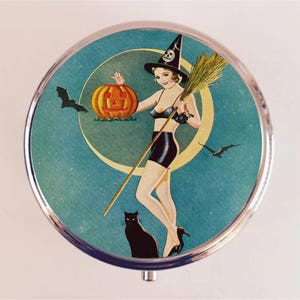 Art Deco Witch Pill Box Case Pillbox Holder Trinket Halloween Pin Up 1920s Jazz Age