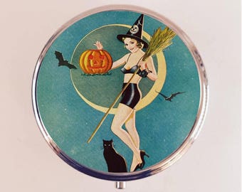 Art Deco Witch Pill Box Case Pillbox Holder Trinket Halloween Pin Up 1920s Jazz Age