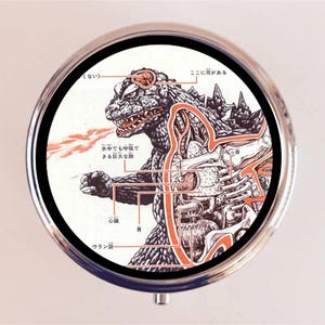 May include: A round, silver-colored compact mirror with a black and white illustration of Godzilla. The illustration shows Godzilla's internal anatomy, with labels in Japanese. The text on the image reads "ここに耳がある" and "水中でも呼吸できる巨大な".