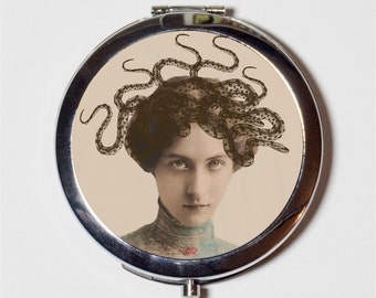 Snake Lady Medusa Compact Mirror - Victorian Altered Art Creepy - Make Up Pocket Mirror for Cosmetics