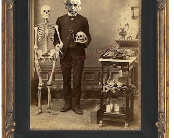 Victorian Albert Einstein Art Print 8 x 10 - With Skeleton and Skull - Altered Art Cabinet Card Style - Geekery - Scientist