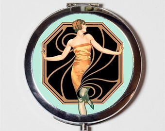 Art Deco Flapper Compact Mirror - 1920's Jazz Age Roaring 20s Portrait Elegant - Make Up Pocket Mirror for Cosmetics