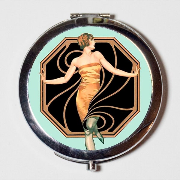 Art Deco Flapper Compact Mirror - 1920's Jazz Age Roaring 20s Portrait Elegant - Make Up Pocket Mirror for Cosmetics