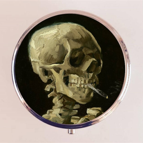 Van Gogh Smoking Skeleton Pill Box Case Pillbox Holder Trinket Fine Art Skull Goth Painting