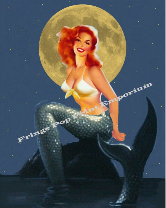Mermaid Art Print 8 x 10 Pin Up Girl in the Moonlight Pinup Poster