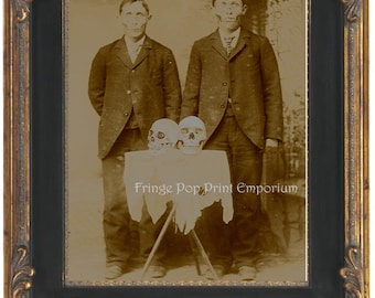 Victorian Skeleton Brothers Art Print 8 x 10 - Skull Face Zombie Brothers with Skulls - Macabre Altered Art Horror Goth - Surreal