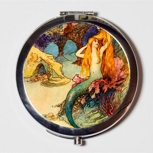 Mermaid Compact Mirror - Nautical Beach Ocean Sea Siren Mermaids Warwick Goble - Make Up Pocket Mirror for Cosmetics