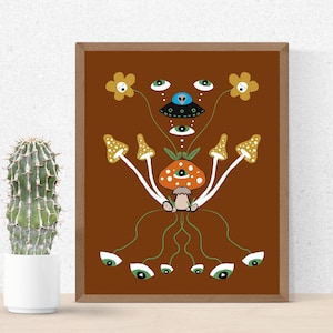 Mushroom Alien Third Eye Art Print 8 x 10 Trippy Psychedelic UFO Surrealism Hippie Flowers