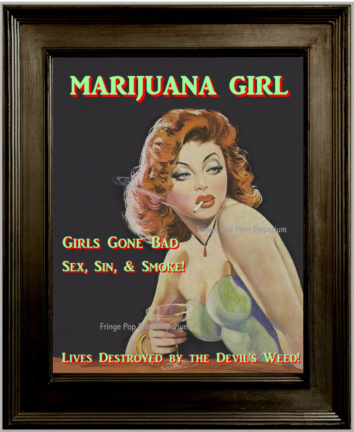 Marijuana Girl Art Print 8 X 10 Reefer Retro Kitsch Pot Weed photo image