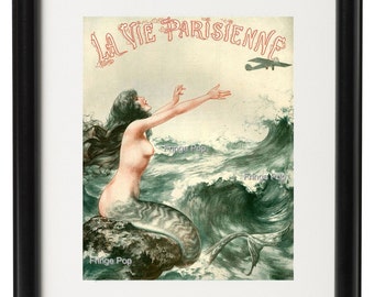 Paris Mermaid - Art Print 8 x 10 - La Vie Parisienne Nautical Art Nouveau Art Deco Flapper French