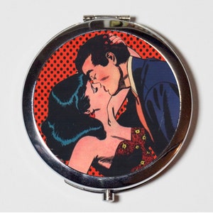 Comic Book Kiss Compact Mirror - Vintage 1950s Romance Comic Book Art Retro - Make Up Pocket Mirror for Cosmetics