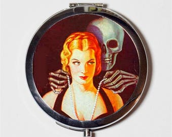 Pulp Skeleton Woman Compact Mirror - Goth Gothic Art Deco Macabre - Make Up Pocket Mirror for Cosmetics