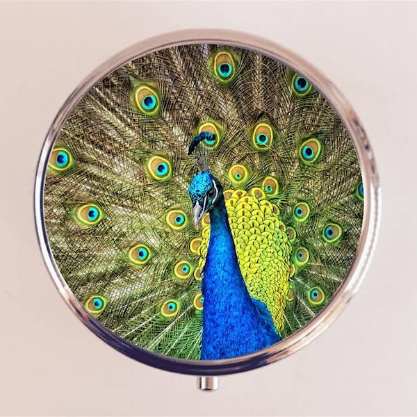 Peacock Bird Pill Box Case Pillbox Holder Trinket Feathers Birds