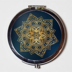 Blue and Gold Mandala Compact Mirror - Spiritual Spirituality Zen Buddhist New Age Yoga - Make Up Pocket Mirror for Cosmetics