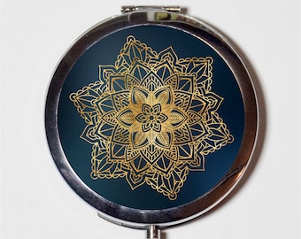 Blue and Gold Mandala Compact Mirror - Spiritual Spirituality Zen Buddhist New Age Yoga - Make Up Pocket Mirror for Cosmetics