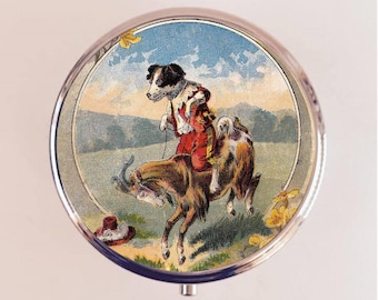 Dog Riding Goat Pill Box Case Pillbox Holder Trinket Stash Box Oddity Anthropomorphic Animal Art