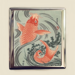 Japanischer Koi Holzschnitt Zigarettenetui Visitenkarte Ausweishalter Brieftasche Japan Karpfen Fisch Goldfisch Goldfisch Asiatische Kunst