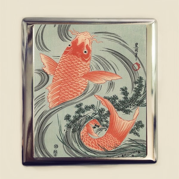 Estuche para cigarrillos con grabado en madera de koi japonés, tarjetero, billetera, carpa japonesa, pez dorado, arte asiático