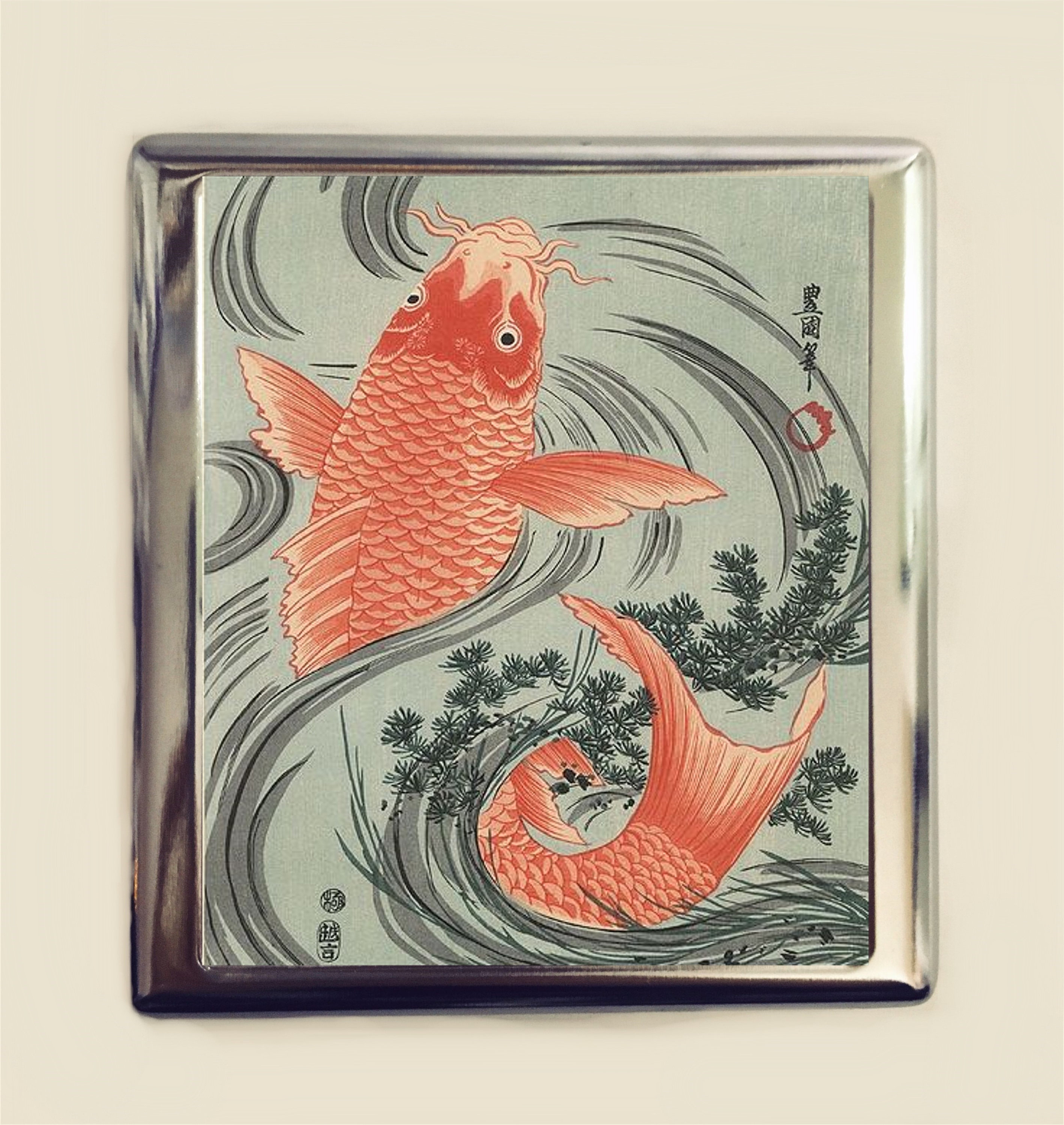 Japanese Koi Woodblock Cigarette Case Business Card ID Holder
