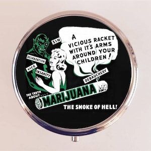 Retro Marijuana Pill Box Case Pillbox Holder Trinket Devil's Harvest Cannabis Pot Weed Stoner B-Movie