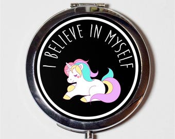 Unicorn I Believe in Myself Compact Mirror - Funny Inspirational Motivational - Make Up Pocket Mirror for Cosmetics