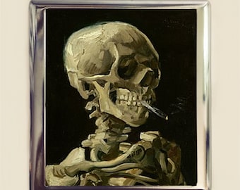 Smoker Skull Cigarette Case Business Card ID Holder Wallet Vincent Van Gogh Skeleton Smoking Goth Fine Art Painting