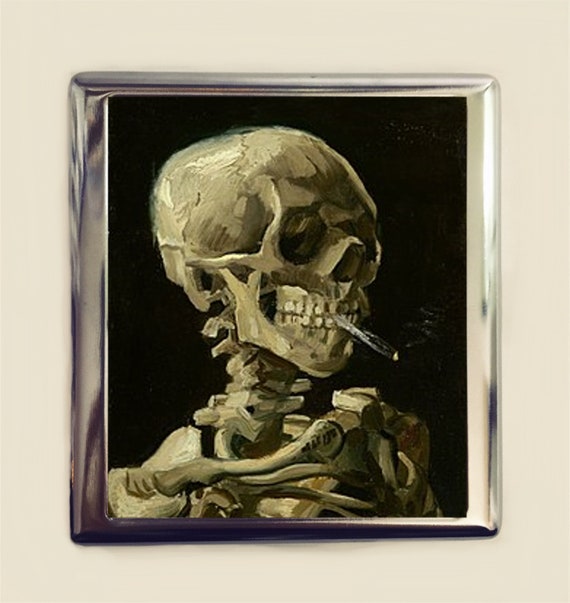 Smoker Skull Cigarette Case Business Card ID Holder Wallet Vincent Van Gogh  Skeleton Smoking Goth Fine Art Painting