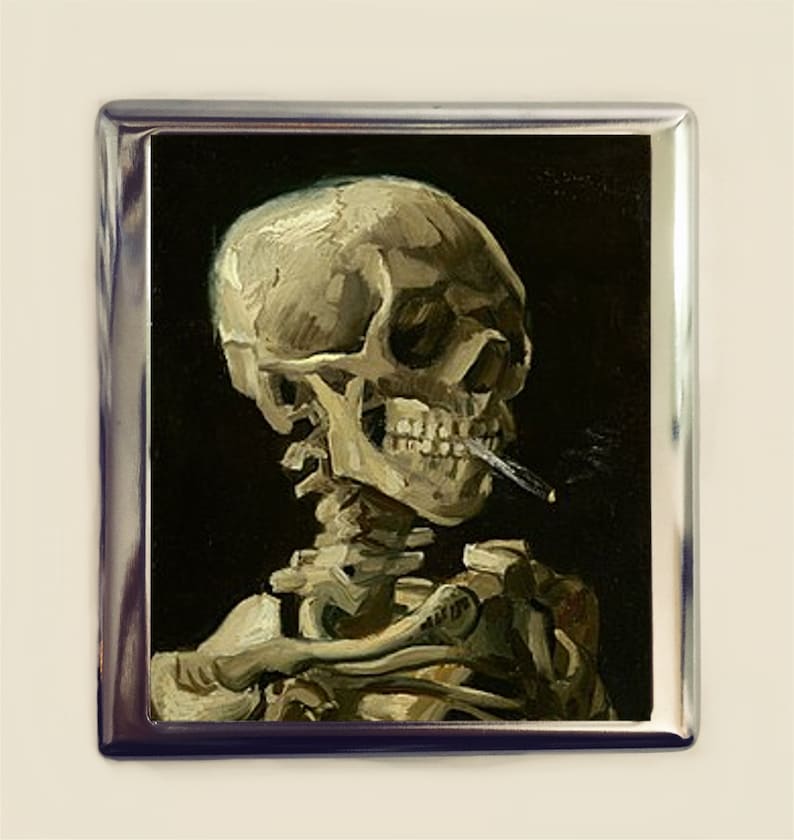 Smoker Skull Cigarette Case Business Card ID Holder Wallet Vincent Van Gogh Skeleton Smoking Goth Fine Art Painting 