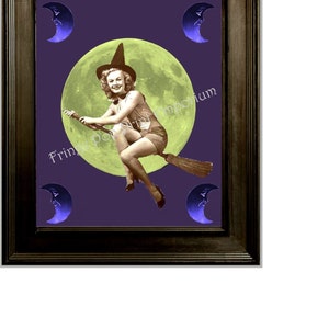 Witch Flying Art Print 8 x 10 - Altered Art - Black Cat - Witch - Halloween - Retro 50s - Moon
