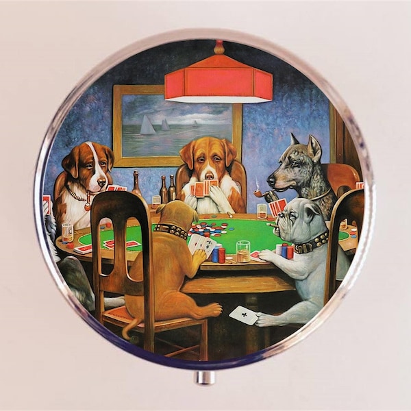 Dogs Playing Poker Pill Box Case Pillbox Holder Cassius Marcellus Coolidge Anthropomorphic Dog Art