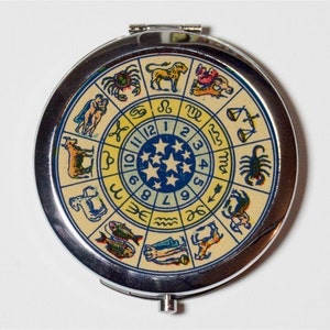 Vintage Zodiac Image Compact Mirror - Occult Celestial Astrology - Make Up Pocket Mirror for Cosmetics