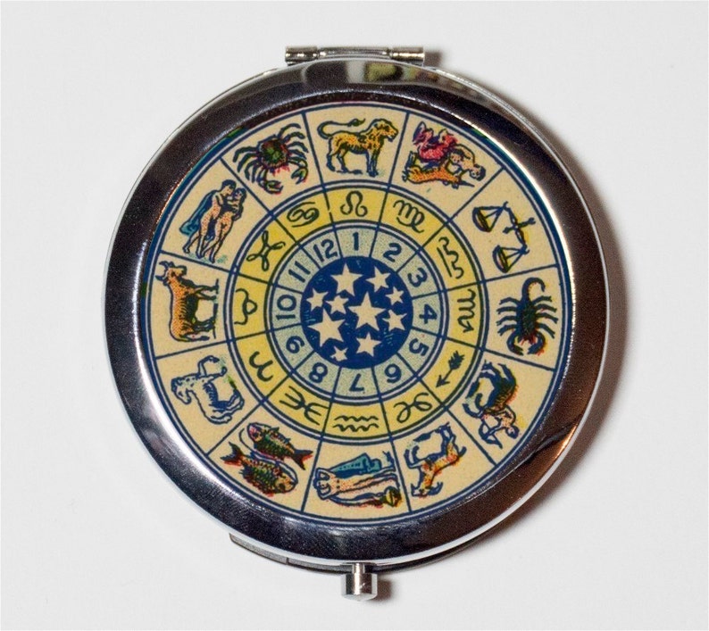 Vintage Zodiac Image Compact Mirror Occult Celestial Astrology Make Up Pocket Mirror for Cosmetics image 1