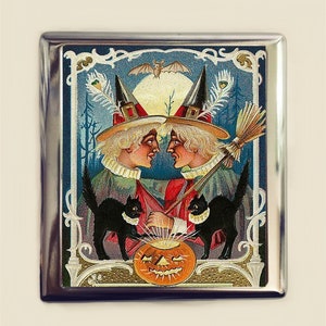 Halloween Witch Cigarette Case Business Card ID Holder Wallet Vintage Victorian Black Cat Pumpkin