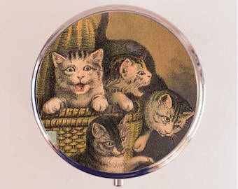 Four Cats Pill Box Case Pillbox Holder Trinket Kittens Kitten Cat Illustration