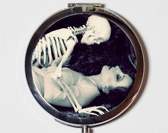 Flapper and Skeleton Compact Mirror - Art Deco 1920s Necromance Jazz Age Goth - Make Up Pocket Mirror for Cosmetics