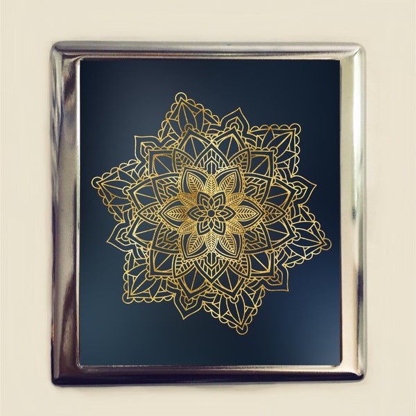 Mandala Pitillera Tarjeta de Visita Titular de la Identificación Monedero Azul y Dorado Zen Espiritual Yoga Budismo Budista