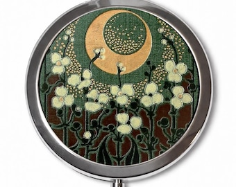 Art Nouveau Moon Flowers Compact Mirror - Floral Pattern - Make Up Pocket Mirror for Cosmetics