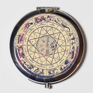 Antique Zodiac Compact Mirror - Constellation Occult Horoscope - Make Up Pocket Mirror for Cosmetics