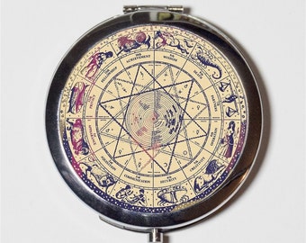 Antique Zodiac Compact Mirror - Constellation Occult Horoscope - Make Up Pocket Mirror for Cosmetics