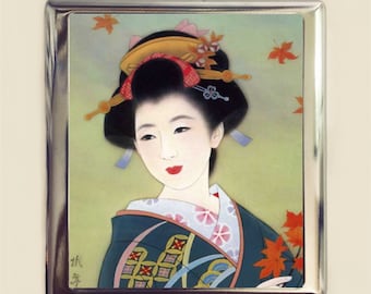 Geisha Leaves Cigarette Case Business Card ID Holder Wallet Japanese Japan Asian Art