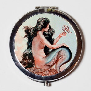 Parisian Mermaid Compact Mirror - Paris French Nautical Art Nouveau Deco On Rock - Make Up Pocket Mirror for Cosmetics
