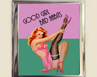 Good Girl Bad Habits Cigarette Case Business Card ID Holder Wallet Pinup Girl Pin Up Funny Retro Humor