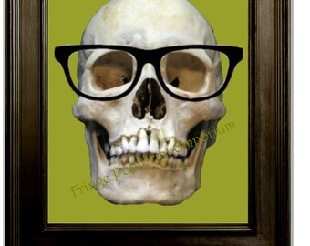 Hipster Skull Art Print 8 x 10 With Glasses - Geek - Nerd - Humor - Quirky - Goth