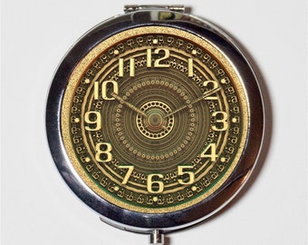 Victorian Steampunk Clock Compact Mirror - Gold Astro Sci Fi Industrial - Make Up Pocket Mirror for Cosmetics
