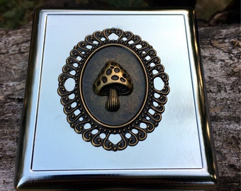 Mushroom Cigarette Case Business Card ID Holder Wallet - Bronze Cameo Filigree Mushrooms Style Two