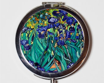 Irises Vincent Van Gogh Compact Mirror - Flowers Classic Fine Art Painting - Make Up Pocket Mirror for Cosmetics