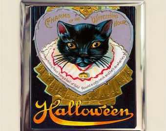 Black Cat Cigarette Case Business Card ID Holder Wallet Halloween Vintage Retro