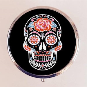 Sugar Skull Pill Box Case Pillbox Holder Trinket Box Day of the Dead Dia De Los Muertes Black Mexican Goth